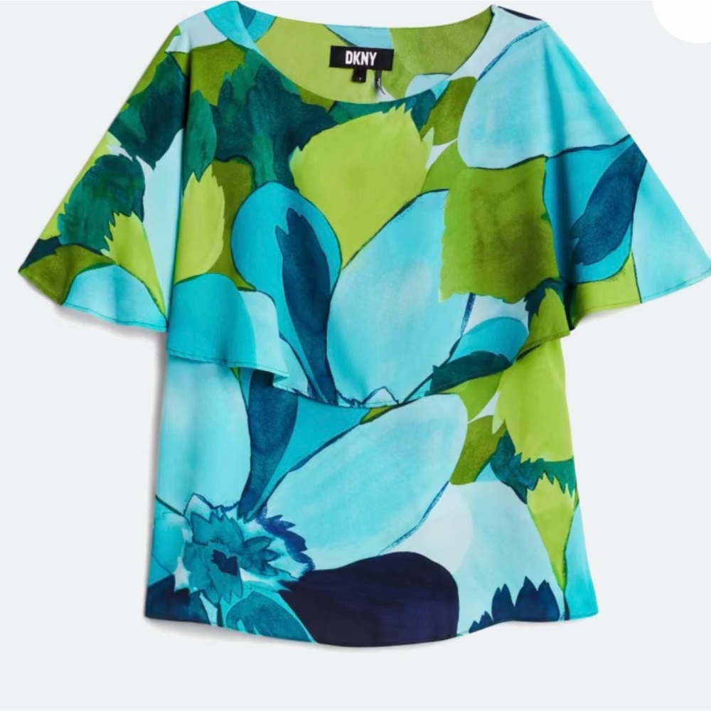 DKNY Floral Cape Blouse - Blue and Green